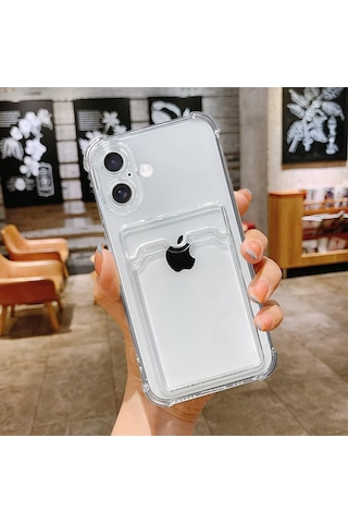 İphone 16 Plus Uyumlu Kamera Korumalı Kartlıklı Köşeleri Airbag Tasarımlı Darbe Önleyici Şeffaf