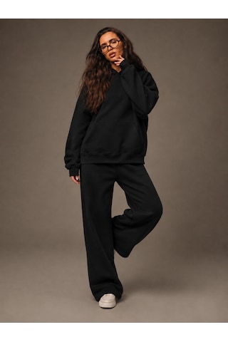 Macklin Unisex Kadın Erkek Baskısız Sweatshirt Oversize 3 İplik Kapüşonlu Hoodie Ve Baggy Eşofman Altı Siyah