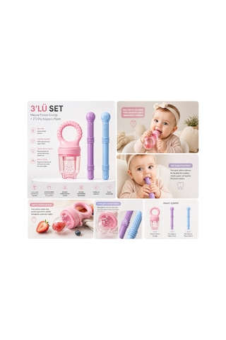 3 Parça Bebek Seti Meyve Emziği + 2 Adet Diş Kaşıyıcı Pembe
