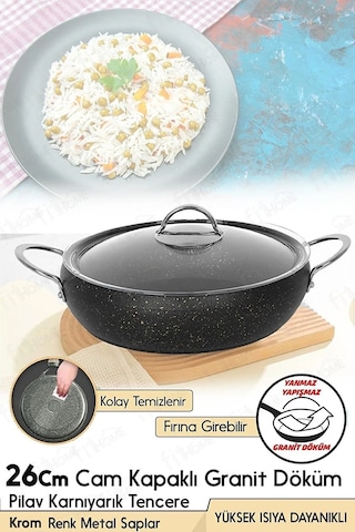 Granit Döküm Pilav Tenceresi Fırına Girebilir Metal Saplı Pilav Tenceresi 26-28-30 Cm Siyah