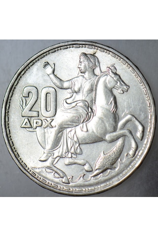 Yunanistan 20 Drahmi 1960 Gümüş. Kral Paulos Dönemi. Ay Tanrısı Selene Temalı. 7,5 Gr Çil.