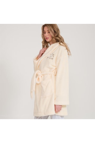 Welsoft Kapüşonlu Peluş Kadın Sabahlık Ekru