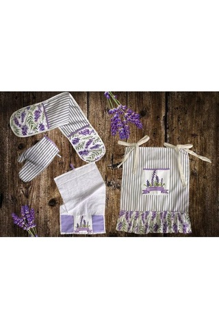 Lavanta Desen 4 Lü Mutfak Seti Fırın Önlüğü, Fırın Eldiveni, El