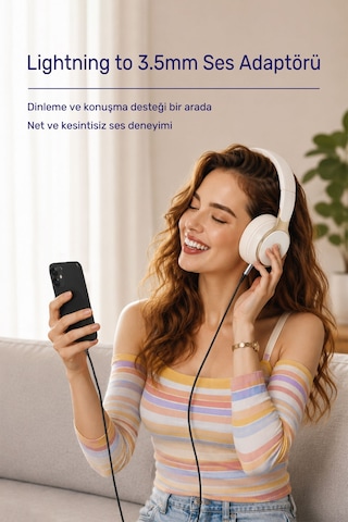 Lightning - 3.5mm Aux Ses Kablosu 1.5 Metre, Trrs 4 Kutuplu Mikrofon Destekli İphone İpad Uyumlu, Kulaklık Hoparlör Araç Ses Adaptörü, Örgülü Altın Kaplama A578e