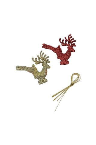 8 Cm 2'li Kırmızı Gold Simli Geyik Model Yılbaşı Ağaç Süsü Dekoratif Set