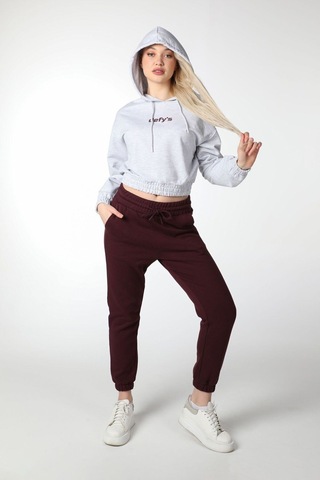 Defys Kadın Gri Melanj Baskılı Kapüşonlu Crop Sweatshirt - Mevsimlik Hoodie Gri Melanj - 497134715 Gri Melanj