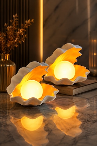 Deniz Kabuğu Led Gece Lambası 2'li Set 2 Led Mum Hediyeli Dekoratif Ortam Aydınlatması Beyaz