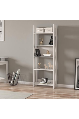 Country Dekoratif 5 Raflı Ev-ofis Kitaplık, Modern Kütüphane - Beyaz