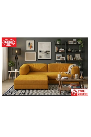 Herev 180x180 Cm 50 Dns Modüler Köşe Koltuk Fitilli Kadife Kumaş, Yatak Olabilen, Modern Tasarım Şark Köşe Hardal