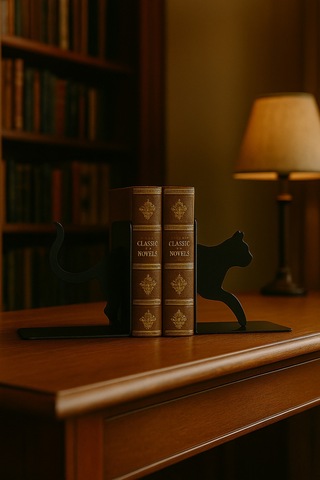 Kedi Figürlü Metal Kitap Tutucu 2 Li Set Dekoratif Hayvan Temalı Kitaplık Aksesuarı