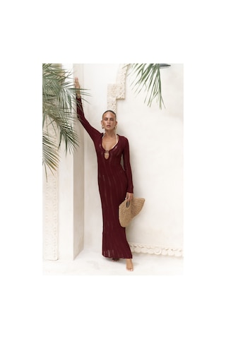 Anandra Boncuk Detay Bordo Triko Uzun Elbise Bordo