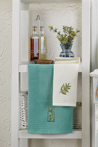 6lı Kurulama Peçetesi Nakışlı 40x60 Zeytin Yeşil-beyaz