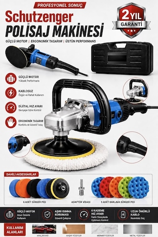 Px12 Devir Ayarlı Polisaj Makinesi Bakır Sargı 12 Parça Ped Seti 2000w 180mm Profesyonel Mavi 7c1