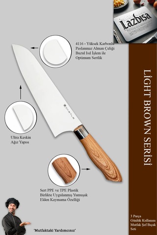 Light Brown Serisi Mutfak Bıçak Et Sebze 3 Lü Şef Bıçağı Mft-476 Kahverengi