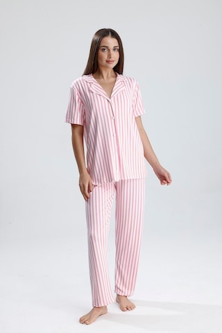 Kompedan Çizgili Önden Düğmeli Kadın Pijama Takımı - Pembe