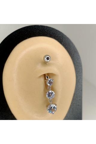 Aya Tasarım Gümüş Renk Üç Taşlı Göbek Piercing