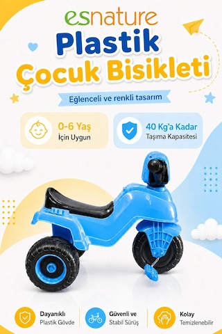 Esnature Plastik Çocuk Bisikleti 3 Tekerlekli Pedallı Mavi 0-6 Yaş 40 Kg Taşıma Kapasiteli Çok Renkli