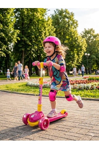 Müzikli, Işıklı 4 Kademe Boy Ayarlanabilir Çocuk Scooter 100 Kg Taşıma Kapasiteli Pembe
