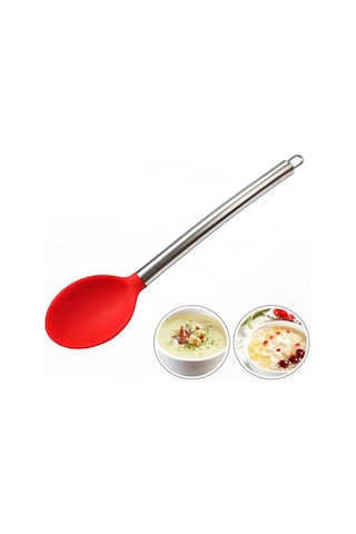 Silikon Kaşık Paslanmaz Saplı Servis Kaşığı Kırmızı 34 Cm