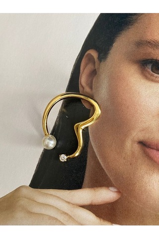 Pinery Jewels Tek Taşlı Top İncili Paslanmaz Çelik Kadın Küpe Çifti Altın