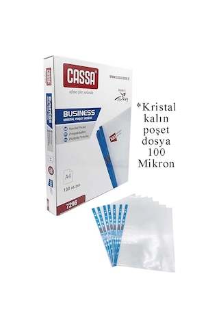Poşet Dosya A4 Kristal 100 Lü 1 Paket Cassa 7296 Kalın Poşet Dosya Föy Mavi Şeritli 100 Mikron Şeffaf Belge Arşivleme 1 Adet