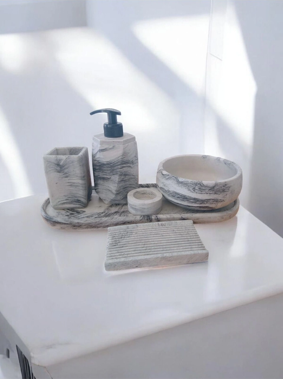 Marble Serisi Antrasit 6'lı Beton Banyo Seti,sabunluk,diş Fırçalık,tepsi,mumluk,aksesuar,dekorasyon Antrasit