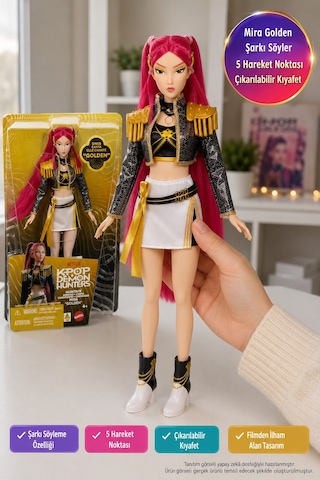 Kpop Demon Hunters Huntr/x Mattel Mira Golden Şarkı Söyleyen Bebek 5 Eklem Kıyafetli 35 Cm
