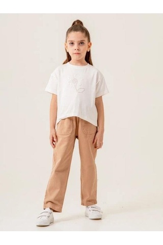 Kız Çocuk Çiçek Desenli Ceket Tshirt Pantolonlu Takım-15508 Bej