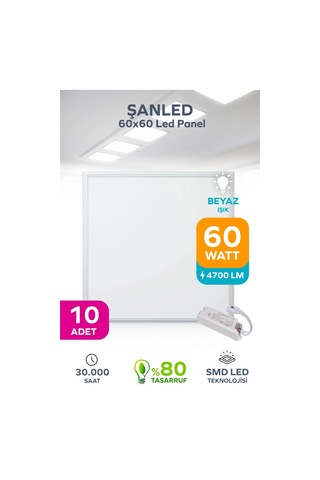 60x60 Led Panel 60w Beyaz Işık 6500 -10 Adettir Beyaz Gold