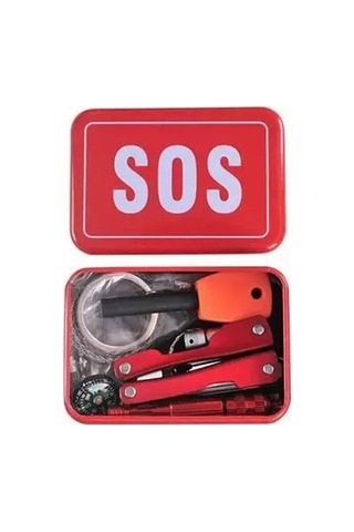 Sos Çok Fonksiyonlu Acil Durum Ve Outdoor Hayatta Kalma Seti Kırmızı Metal Kutulu