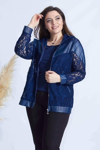 Moda Berray 4031 Lacivert Fermuarlı Derili Kombin Dantel Büyük Beden Ceket Lacivert