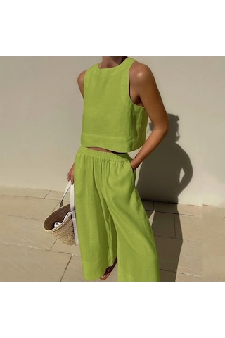 Rahat Yaz Iki Parçalı Set Kolsuz Kıyafetler O Boyun Üstleri Ve Gevşek Geniş Bacak Pantolon Seti Kadın Katı 2 Parça Takım Elbise Giysileri 27723 Yeşil
