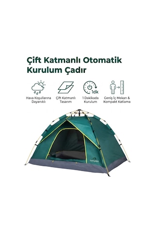 Kamptek Outdoor 4 Kişilik Otomatik Kurulum Kamp Çadırı - Çift Katmanlı, Su Geçirmez, 220x200x140 Cm Yeşil - Renkli