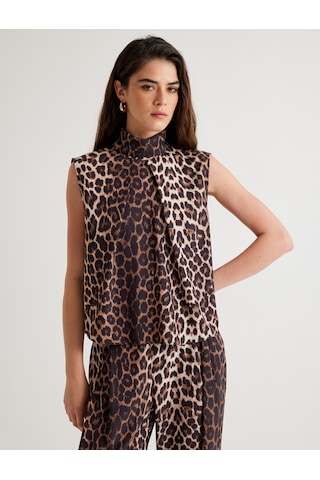 Koton Leopar Desenli Bluz Kolsuz Dik Yaka Pile Detaylı Bej Desenli 5wak60099uw