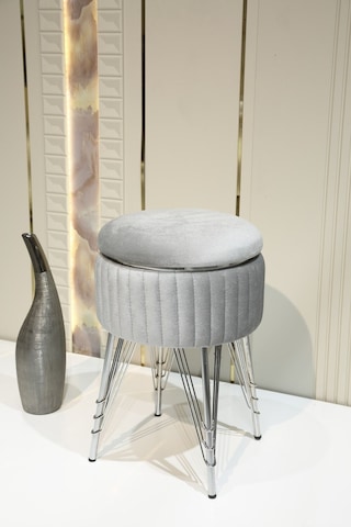 Bianco Metal Ayaklı Puflu Zigon Sehpa Krom Gümüş Gri Chrome Silver Gray