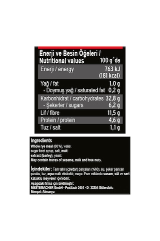 Mestemacher Siyah Çavdarlı Tam Tahıl Ekmeği 500 G