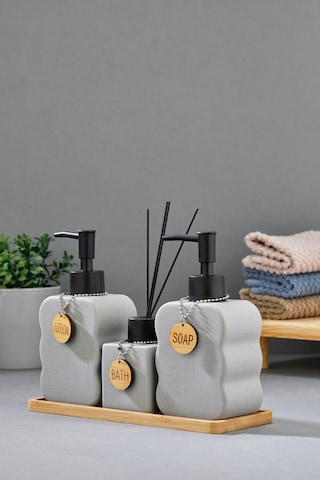 Cooker 3'lü 300 Ml Seramik Bambu Standlı Banyo Seti Ckr3883 Gri