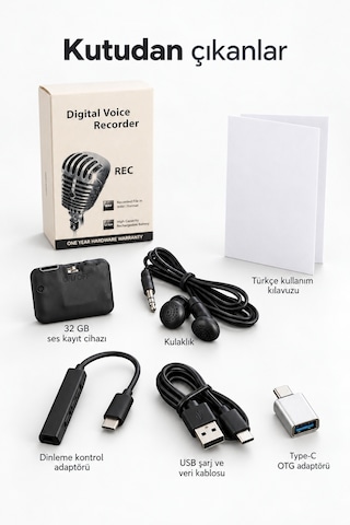 32 Gb Mini Ses Kayıt Cihazı 20 Güne Kadar Kesintisiz Kayıt, Sese Duyarlı, Kulaklık Ve Type-c Otg