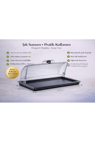Polikarbon Gn 1/1 Menteşeli Fanus Kapaklı Servis Tepsisi 32.5x53 Cm Açılır Kapanır Kapak Şeffaf