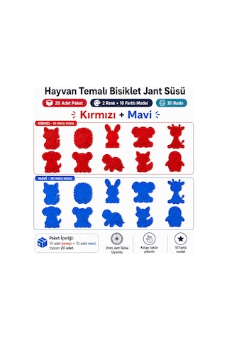 Hayvan Temalı Bisiklet Jant Süsü 20 Parça 2 Renk 10 Farklı Model Kırmızı-Mavi