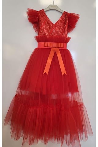 Kız Çocuk İçi Kısa Katkat Üstü Uzun Fırfırlı Abiye-7566-kırmızı Kırmızı