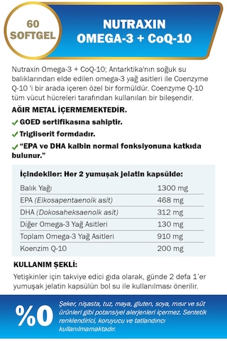 Nutraxin Omega 3  Co Q10 60 Softjel - Balık Yağı EPA 468, DHA 312,  Q10 200 Mg