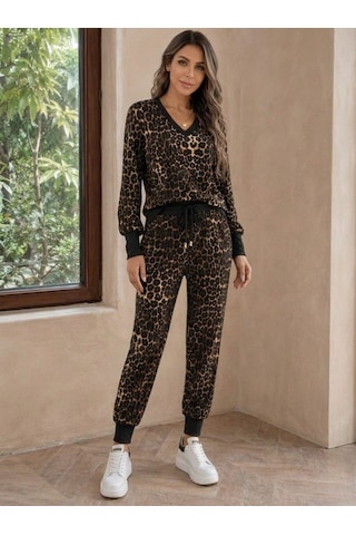 Meleners Kadın Uzun Kollu V Yakalı Desenli Iki Iplik Bluz Ve Bağcıklı Pantolon Ikili Takım Leopar