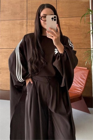 Neşeli Butik Kadın Kahve Şerit Detaylı Oversize Tunik Pantolon İkili Tesettür Takım Nms102 Kahverengi