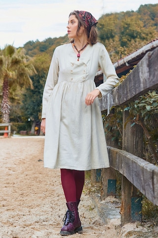 V Yaka Düğme Detaylı Fermuar Kapamalı Uzun Kollu Elbise Krem