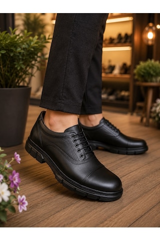 Beren Erkek Siyah Hakiki Deri Ortopedik İç Tabanlı Cap-toe Bağcıklı Günlük Casual Ayakkabı Beren Erkek Siyah Hakiki Deri Ortopedik İç Tabanlı Cap-toe Bağcıklı Günlük Casual Ayakkabı