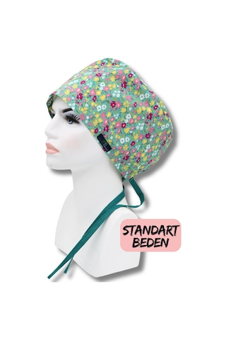 Standart Beden Yeşil Minik Çiçekler Cerrahi Bone Doktor Hemşire Sağlıkçı Hastane Bonesi Renkli