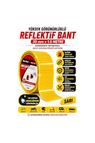 Sarı Reflektif Bant 3,5 Cm X 1.5 Metre Kendinden Yapışkanlı Gece Görünürlük Güvenlik Bandı Bisiklet