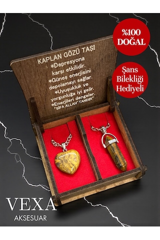 Çelik Doğaltaş Kaplan Gözü Taşı Çift Sevgili Kolyesi Kalp & Kristal Uç Şans Bilekliği Hediyeli Gümüş