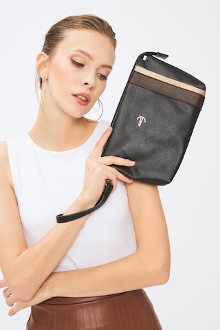 Deri Company Kadın Basic Clutch Çanta Düz Desenli Şeritli Logolu Siyah Kahverengi (4006S-KA) 214012 Siyah